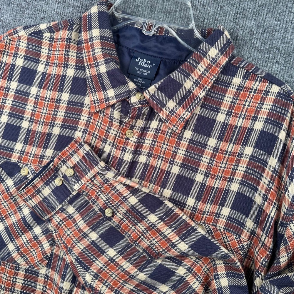 John Blair Mens XL Tall Plaid Button Down Shirt Navy Orange Lined Flannel Style